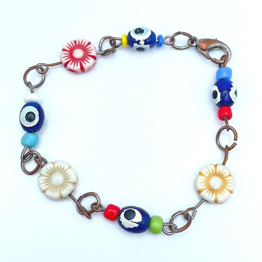VTG Handmade Copper Tone Multicolor Evil Eye Flower Glass Beads Lobster Bracelet
